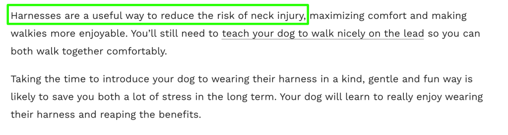 Screenshot of The Dogs Trust website article showing that they recommend to use a harness to reduce the risk of neck injury.
