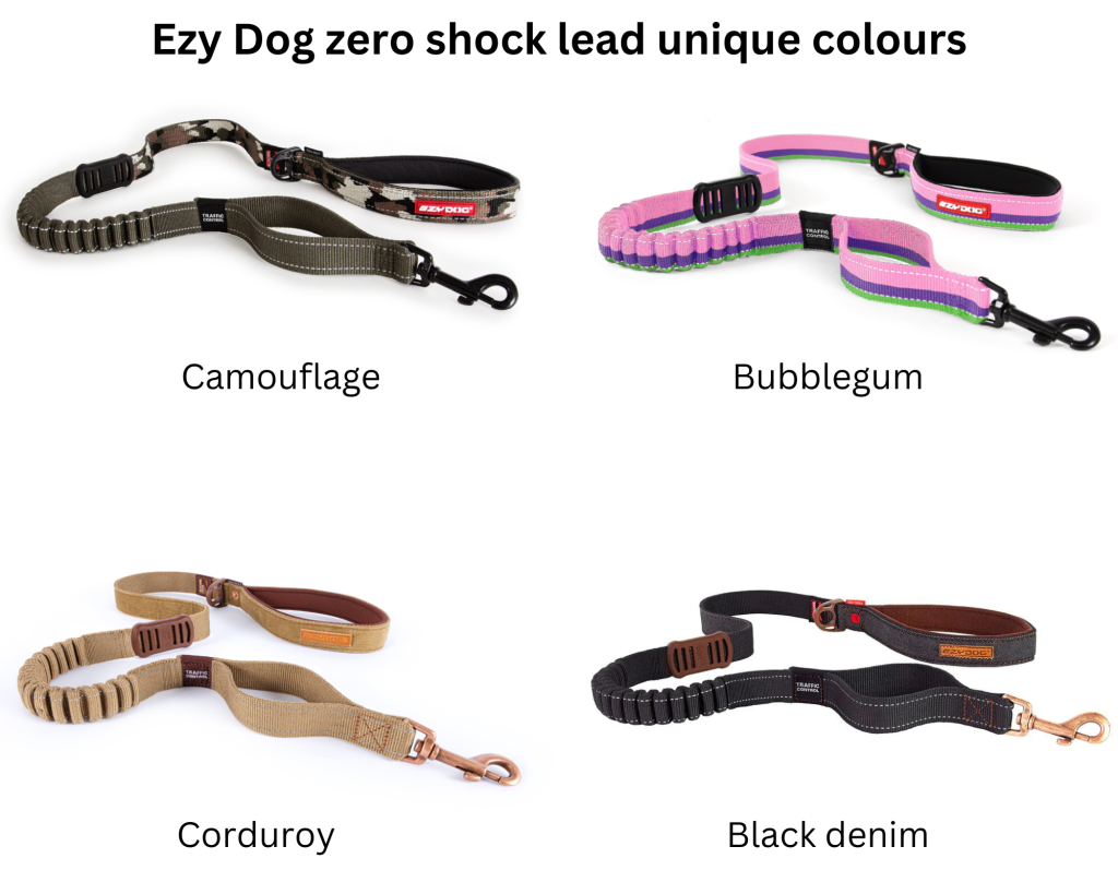 Image of 4 unique Ezy Dog shock absorbing dog leash colour variations such as camoflage, bubblegum, corduroy and black denim