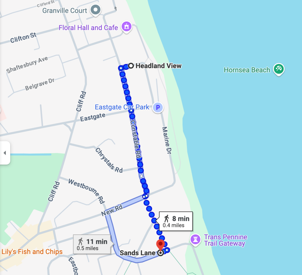 Google map screenshot showing where dogs are not allowed on Hornsea beach between 1st May and 30th September.