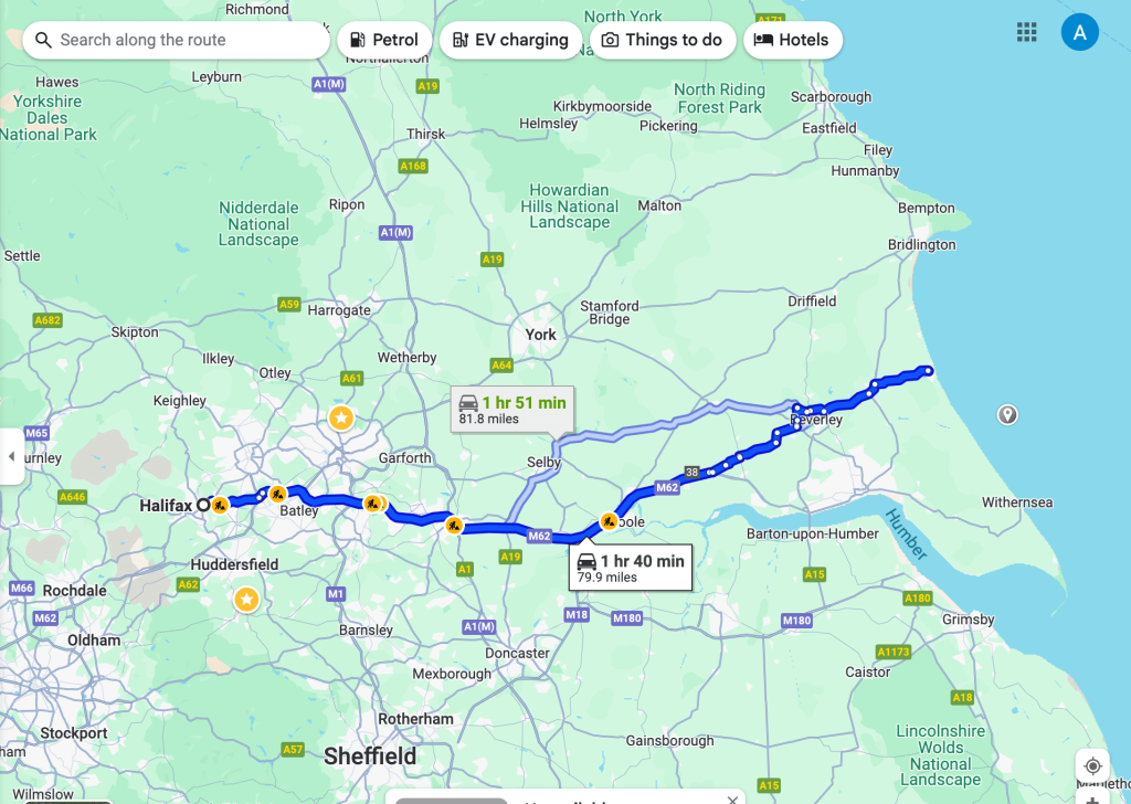 Screenshot of Google maps showing car route from Halifax to Hornsea