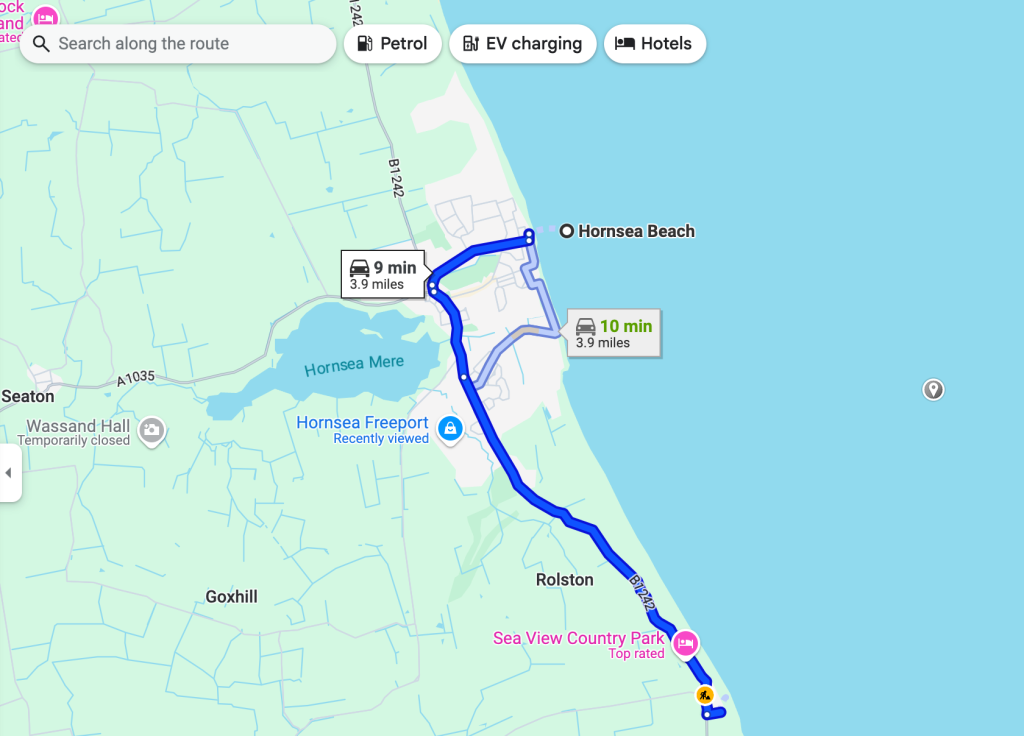 Screenshot of Google maps showing the driving route from Hornsea beach to Mappleton beach.