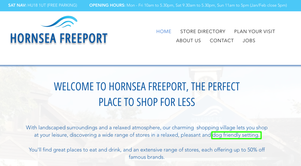 Screenshot of Hornsea Freeport website with a green box highlighting that it is a dog friendly setting