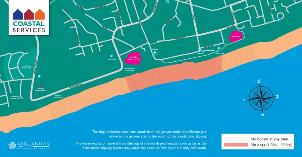 Map showing where dog exclusion zone for Hornsea beach between 1st May and 30th September.