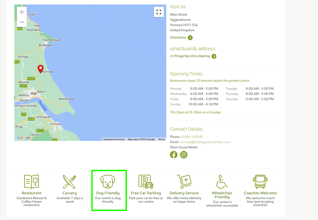 Screenshot of Hornsea garden center highlighting with a green box that the center is dog friendly