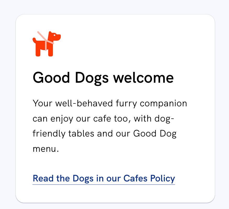 Screenshot of Hornsea hub cafe website saying good dogs are welcome.