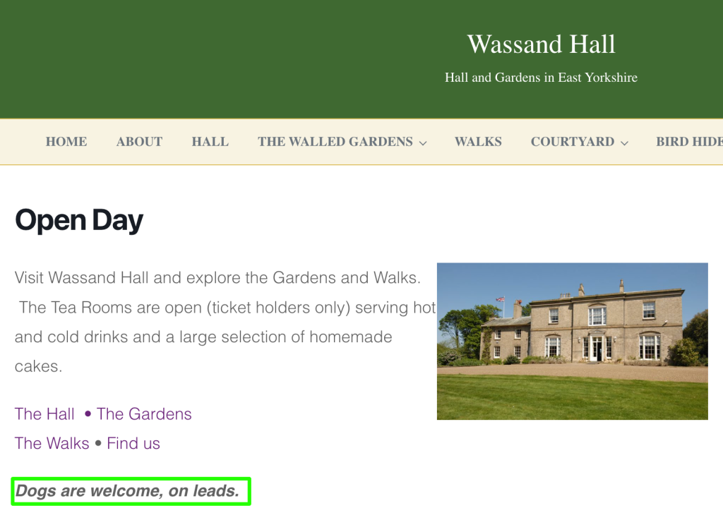 Screenshot of Wassand hall website saying that dogs are welcome, on leads.