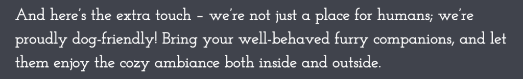 Screenshot of text on The Cakery website saying they are proudly dog friendly.