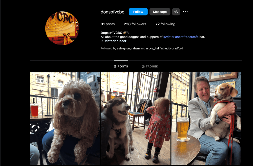 Screenshot of the Dogs of Victorian Craft Beer Cafe Instagram page showing the last 3 posts of dogs in the cafe.