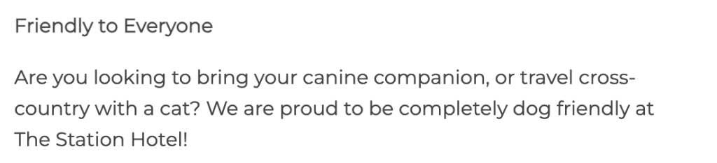 Screenshot of The Station website clearly stating they are proud to be completely dog friendly