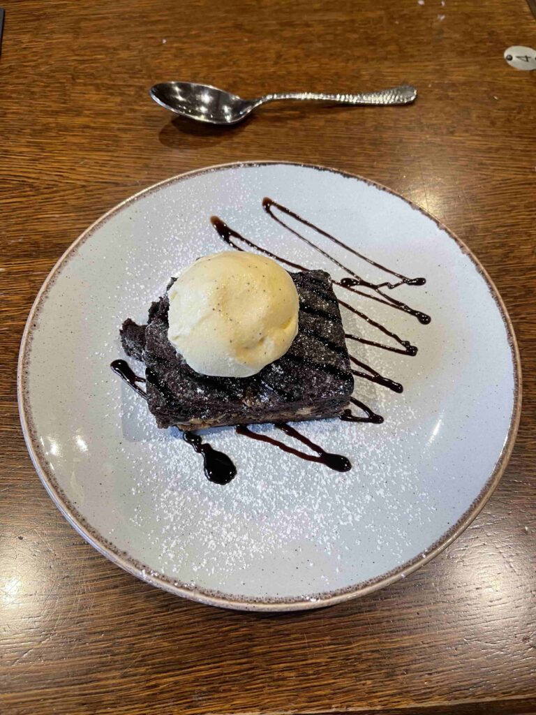 Chocolate brownie with ice cream at Masons Freehouse Ingleton