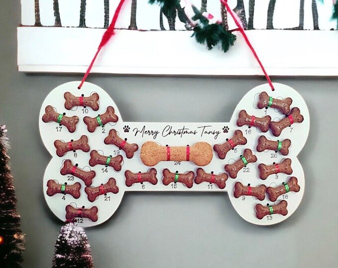 Hanging personalised DIY and re-usable dog advent calendar in shape of a bone
