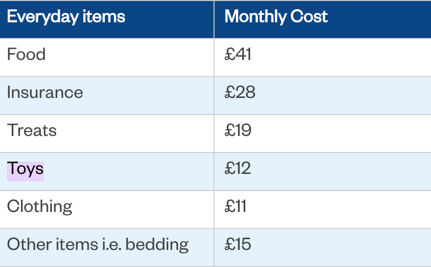 Table showing that the average UK dog owner spends ยฃ41 on food, ยฃ28 on insurance, ยฃ19 on treats, ยฃ12 on toys, ยฃ11 on clothing and ยฃ15 on other items like bedding. From a Nationwide survey of 1000 pet owners in June 2024