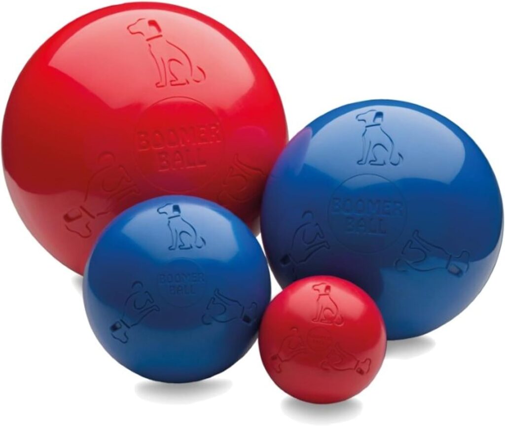 4 boomer balls in various sizes. 2 are blue and 2 are red.